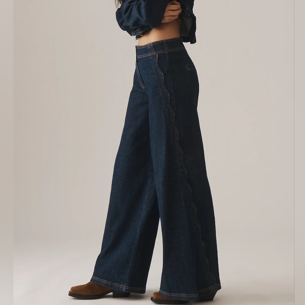 Maeve Scallop-Edge High-Rise Wide-Leg Jeans